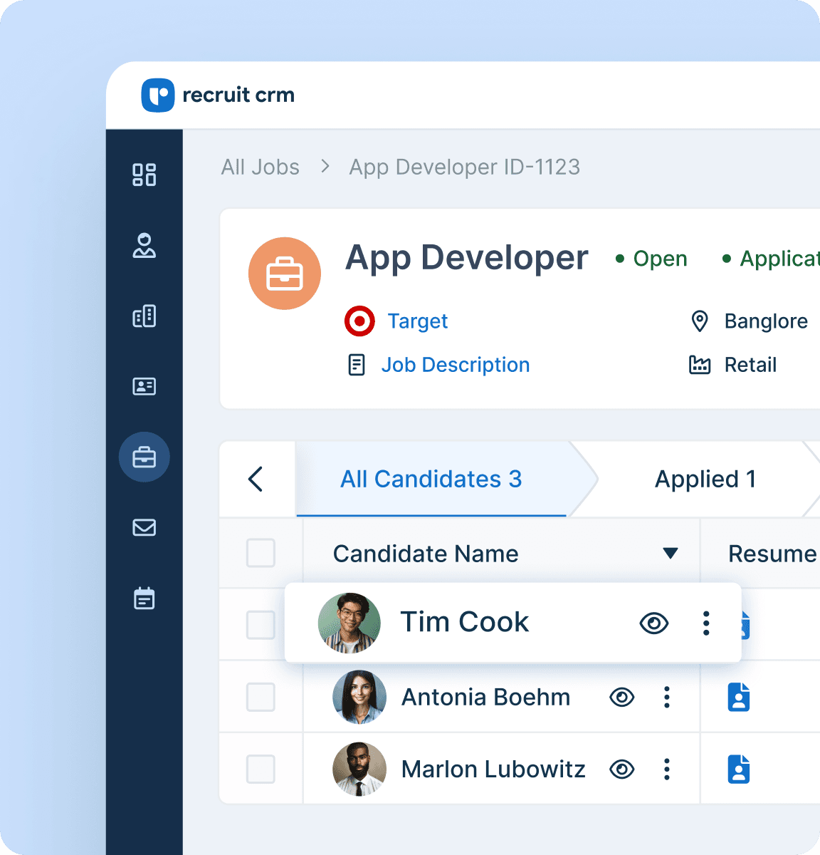 Candidate record is added directly to the Recruit CRM pipeline